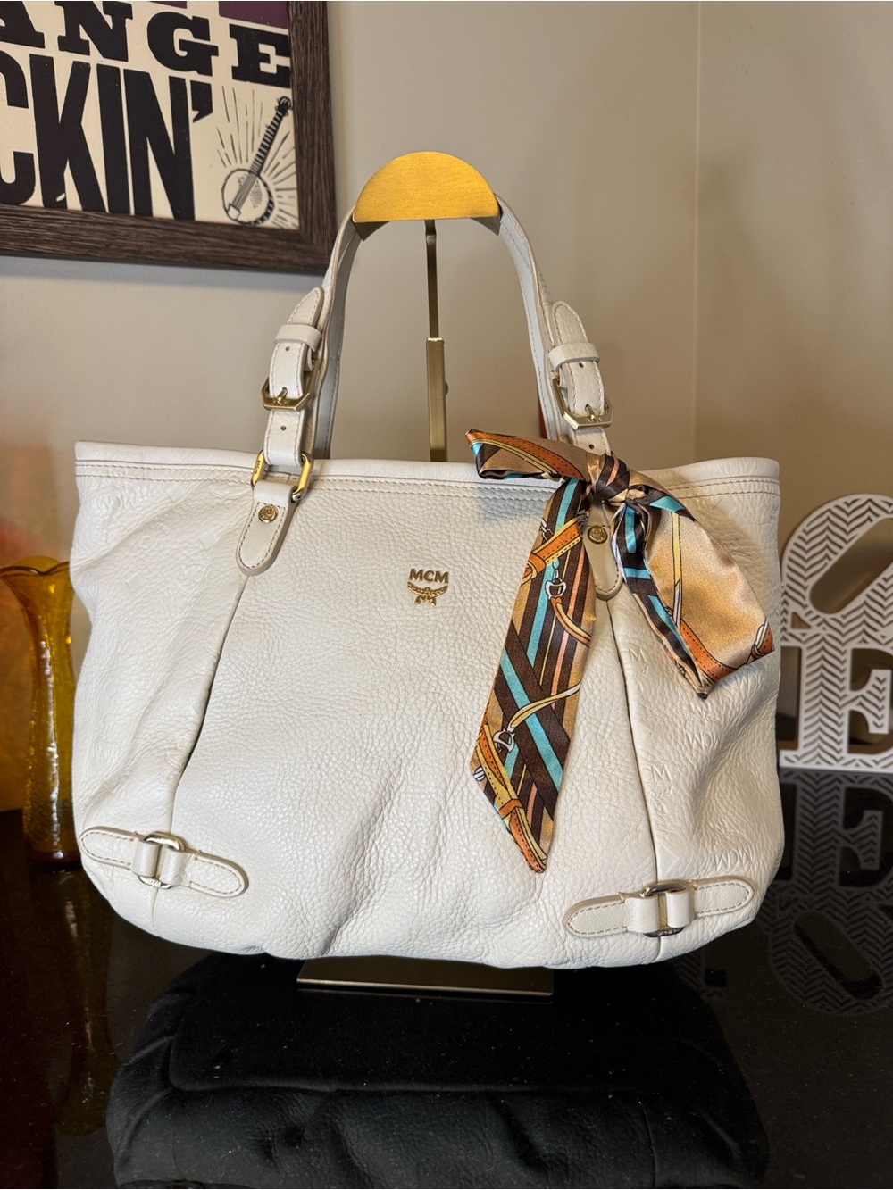 MCM Cream Leather Tote Bag with Decorative Scarf